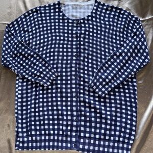 Navy/White Gingham Cotton Cardigan Houndstooth Plaid Button Front 3/4 Sleeve SzM